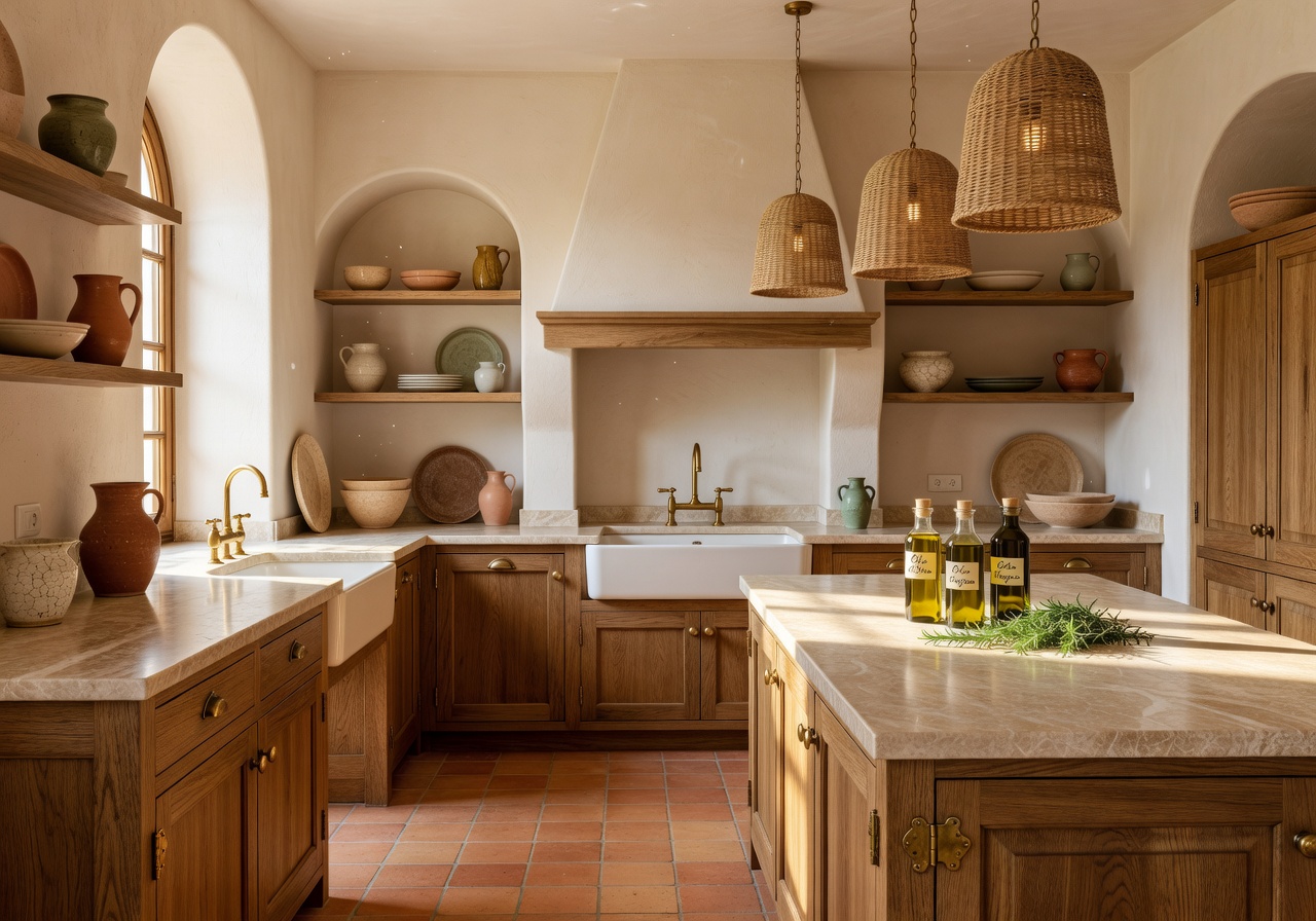 Villa-style Mediterranean kitchen with travertine counters